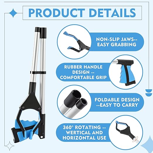 Ctosree 8 Pack 32" Trash Grabber Reacher Tool for Elderly, Foldable Litter Picker Upper, Lightweight Trash Pick up Stick, Long Handy Mobility Aids for Home Garden Arm Extension(Blue)