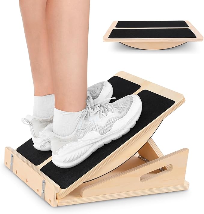 2-in-1 Slant Board&Professional Wooden Balance Board for Calf Stretching, Adjustable Wooden Incline Board, 200 Lbs Weight Capacity Calf Stretch Wedge for Exercise with Training Poster