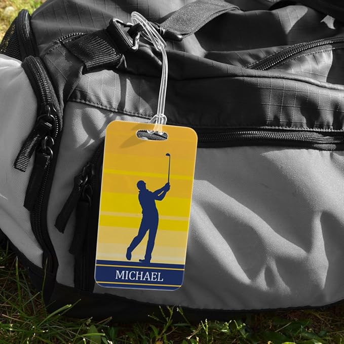 ChalkTalkSPORTS Golf Luggage & Bag Tag | Personalized Male Golfer | Standard Lines on Back | Large | Yellow