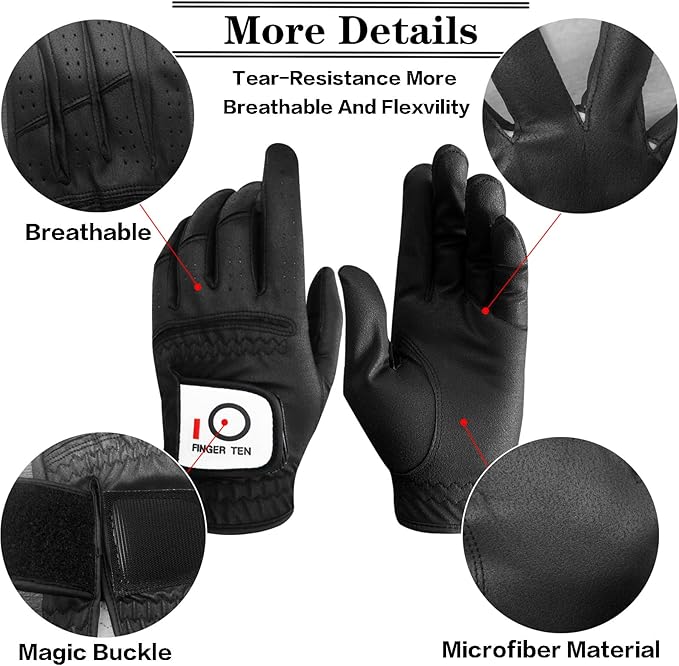 FINGER TEN All Weather Grip Golf Gloves Men Value 3 Pack for Right Handed Golfer, Hot Wet Rain Grip & Comfort Soft Glove for Premium Performance, Colors White Black Blue Sizes S M L XL