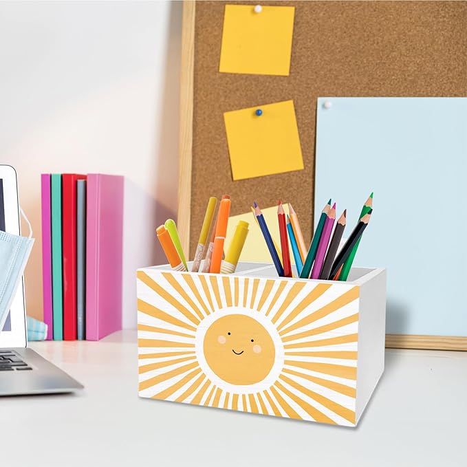Boho Sunshine Pen Holder for Desk, Boho Classroom Decor Pencil Organizer, Cute Orange Yellow Sun Wooden Box Sign Desk Decor for Kids Room Nursery Playroom Classroom Decoration