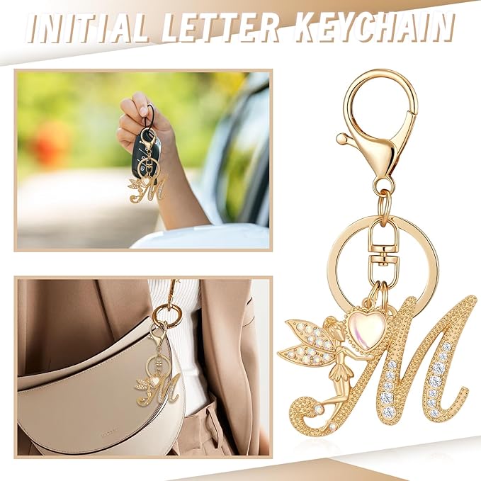 Gold Plated Alphabet Initial Letter Keyring Keychain for Women Girls Crystal Key Chains for Wallet Backpack Bag Charm