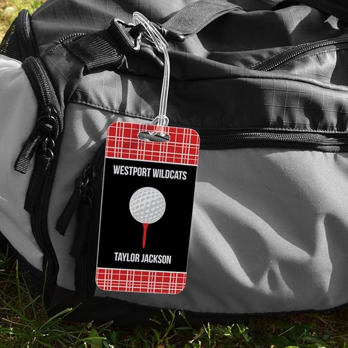 ChalkTalkSPORTS Golf Luggage & Bag Tag | Personalized Team with Golf Ball | Standard Lines on Back | Large | RED/Black