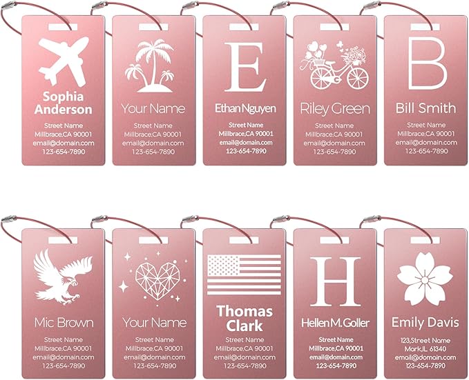 Personalized Metal Luggage Tags, Custom Suitcase Aluminum Name Tags with 5.9in Steel Ring, Laser Engraved Text and Logo, for Travel Gift, Baggage, Golf Bag (Pink)