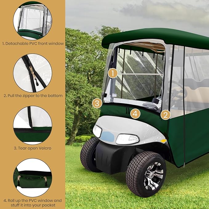 Leader Accessories 2 + 2 Person Golf Driving Enclosure Short Roof 2 Over 4 Passenger Golf Cart, Green (Green)