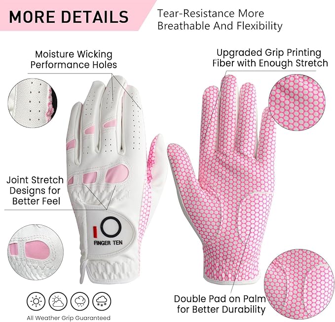 FINGER TEN Women’s Golf Gloves Ladies Left Hand Right Handed Golfer Value 6 Pack, All Weather Rain Grip Glove Pink Fit Small Medium Large XL