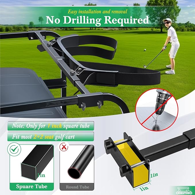 Upgrade Golf Cart Bag Holder Bracket, Adjustable Golf Cart Bag Bracket for 2+2 Rear Seat with 1 Inch Square Tube, No Drilling Golf Bag Holder Attachment for Club Car EZGO Yamaha, Include Nylon Strap