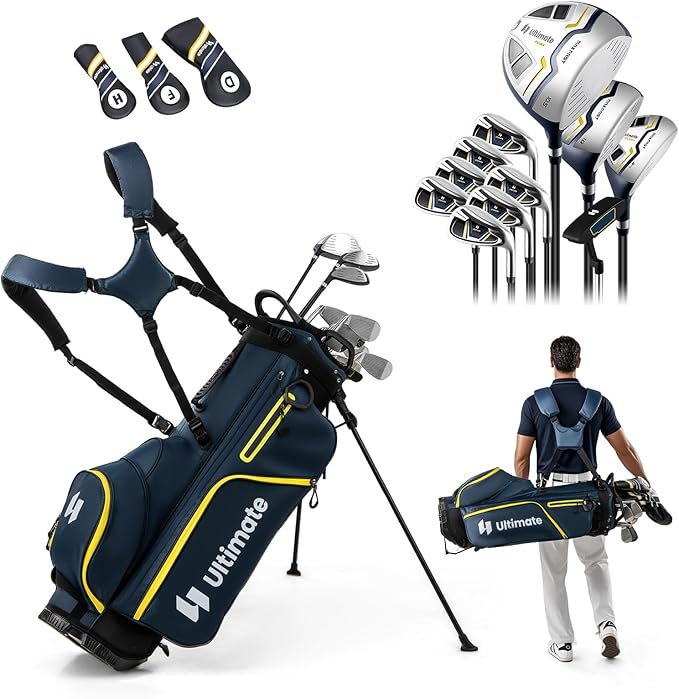 ULTIMATE 12 Pieces Men's Complete Golf Clubs Set w/Golf Stand Bag, 460cc #1 Driver, #3 Fairway, #5 Hybrid, #5#6#7#8#9#P#S Irons, Putter, Full Right-Handed Golf Set for Men