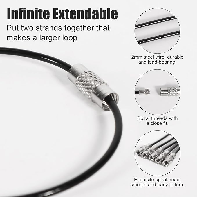 20pcs Stainless Steel Wire Keychains Aircraft Cable Cable Key Ring for Hanging ID Tags or Luggage Tags,6.3 inch 2mm Black