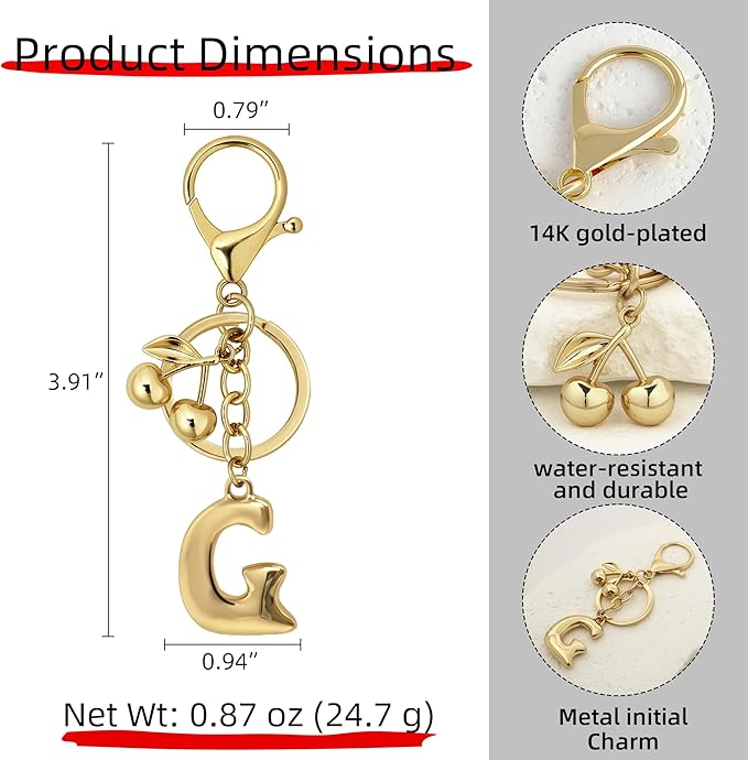 Gold Bubble Heart, Cherry, Bow & More Designs Letter Initial Keychain Bag Charms – Cute Purse Charms for Handbags