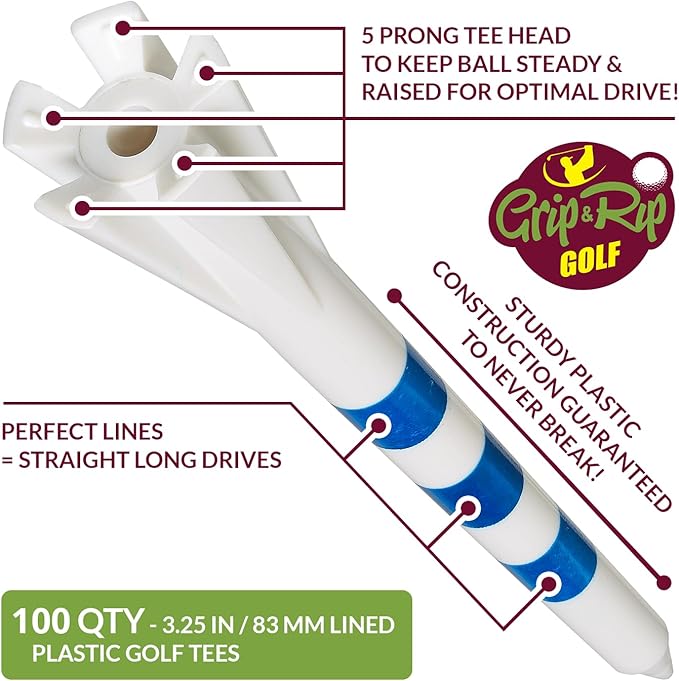SPIN IT GRIPPING SOLUTION Grip & Rip Golf Tees 3 1/4 – 100 Count Plastic Golf Tees - Strong Golf Tee for Consistent Swings - Golf Accessories for Men - Best Golf Essentials