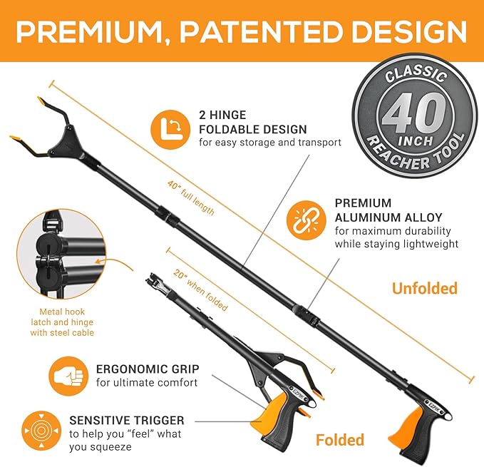 EZPIK Classic 40" Flexible Folding Grabber Tool for Elderly + Magnets, Reacher for Disabled & Seniors Heavy Duty Rotating Grippers for Reaching Underneath, Trash Grabbers & Pickers for Mobility 2-Pack