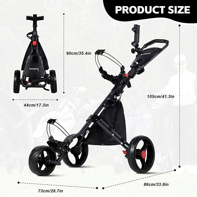 Lakehood 3 Wheel Golf Push Cart & Golf Bag Cart - Easy Fold/Unfold, Smooth Golf Push Pull Cart, One-Tap Brake, Push Golf cart Perfect for Golf Enthusiasts & Professionals