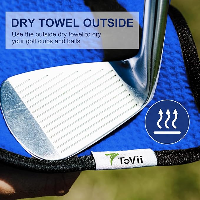 ToVii 2 in 1 Golf Towel, Wet and Dry Tri-fold Microfiber Towel for Cleaning Club and Ball with Clip and Waterproof Inner Barrier