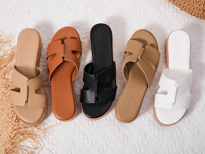 Coutgo Womens Platform Wedge Sandals Open Toe Slip On Slides Cork Heeled Comfortable Shoes
