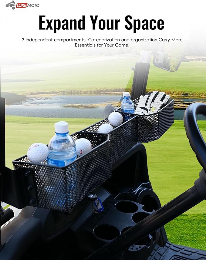 Golf Cart Inner Front Storage Basket for E-Z-GO RXV 2008+, No Drilling Combined Steel Independent Front Inner Dash Tray Storage Organizer for EZGO RXV 2008-2025 Accessories, Black