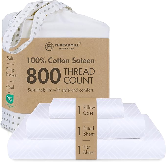 Threadmill Twin Bed-Sheets - 800 Thread Count Jacquard Celine Hotel White, 100% Natural Cotton 3 Piece Striped Bed Set, Extra Long Staple Cotton, Comfy Damask Sheets with Elasticized Deep Pocket