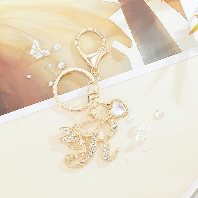 Gold Plated Alphabet Initial Letter Keyring Keychain for Women Girls Crystal Key Chains for Wallet Backpack Bag Charm