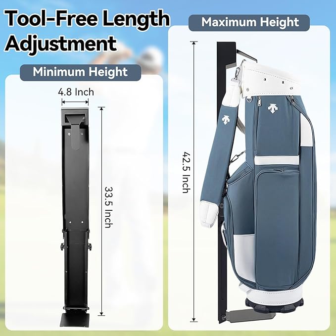 Adjustable Wall Mount Golf Bag Holder - 33.5" to 42.5" Tool-Free Length Adjustment, Heavy-Duty Alloy Steel Storage Rack for Garage, Home, and Golf Club Organization