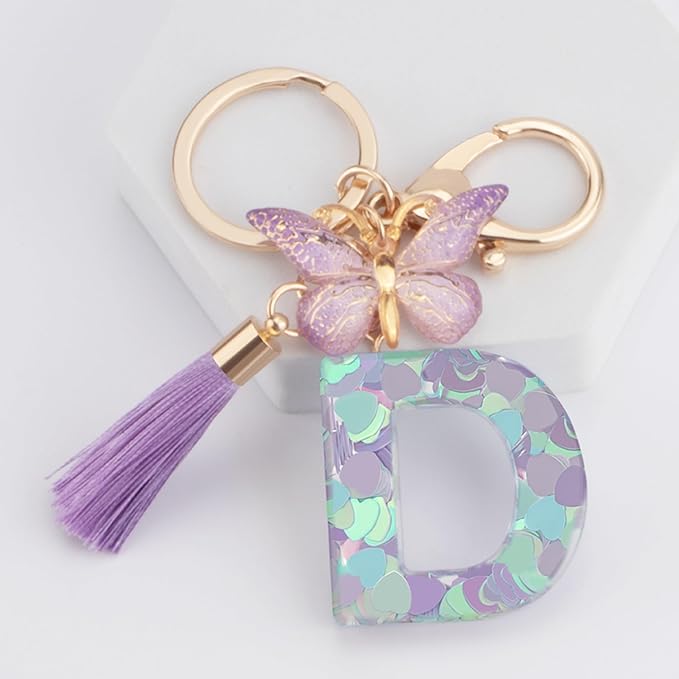 Suweibuke Colourful Cute Initial Letter Keychains for Women Girls with Tassel Butterfly, Charm for Purse Handbags Backpacks