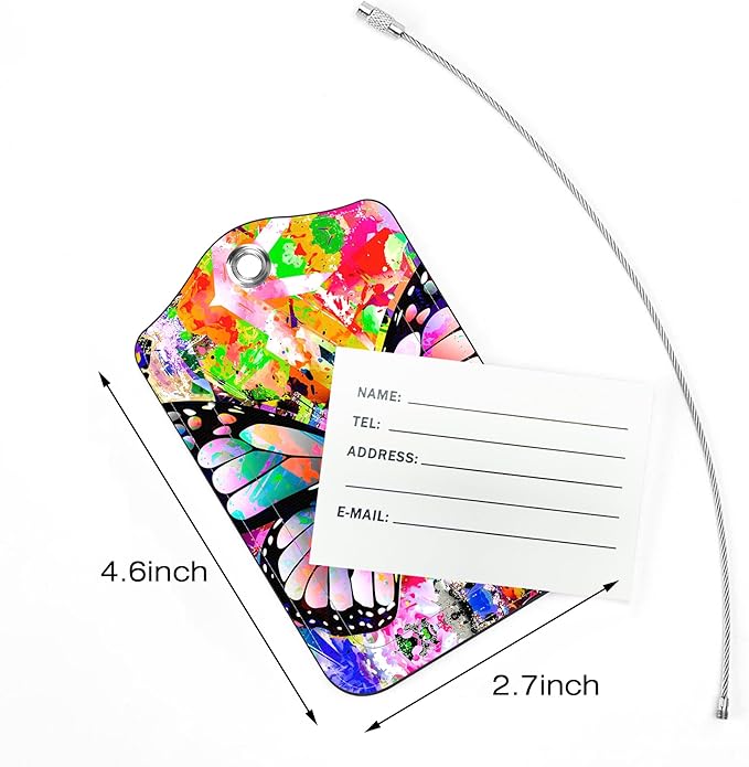 2 Pack Luggage Tags for Suitcase,Abstract Butterfly PU Leather Luggage Tags with Privacy Cover Name Address Labels and Steel Ring,Creative Travel Accessories for Men and Women