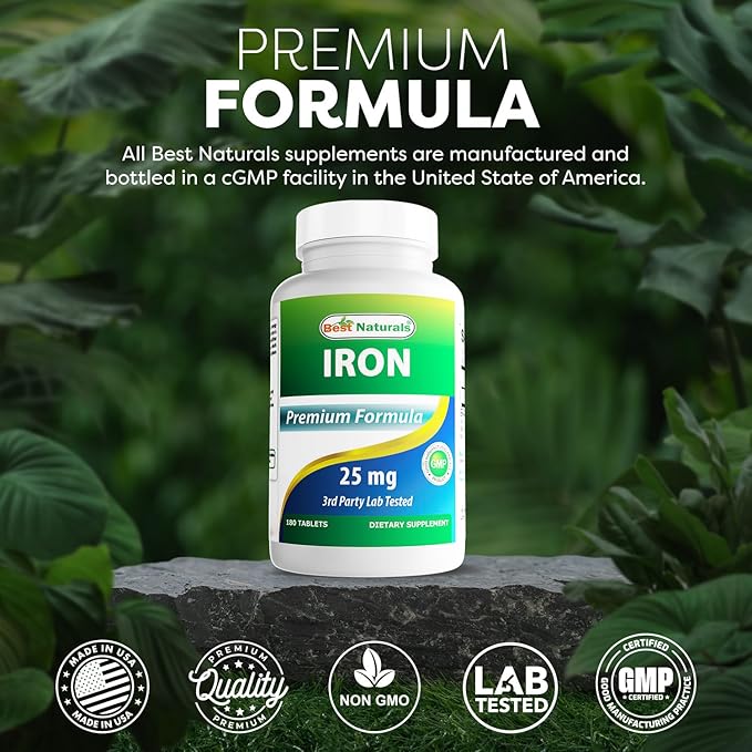 Best Naturals Iron Supplement (Iron Bisglycinate) - 25mg - 180 Tablets - Gentle of Stomach - Non-Constipating