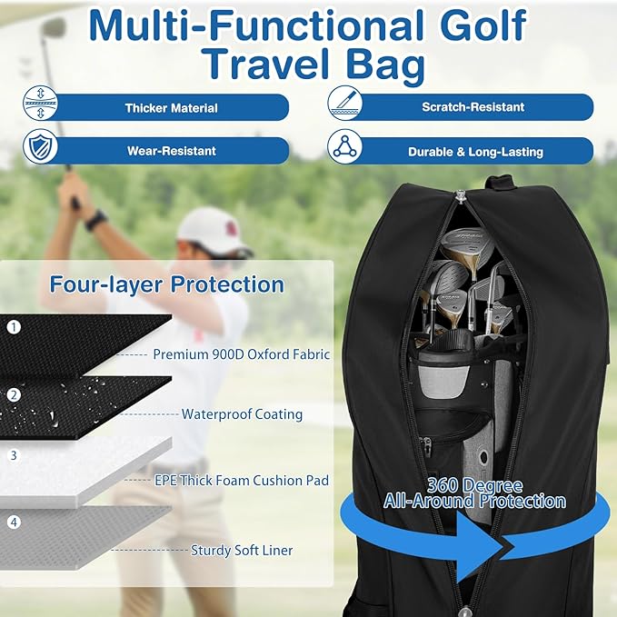 Golf Travel Bags for Airlines - 900D Heavy Duty Polyester Oxford Travel Golf Bag with Wheels, Golf Club Bag Cover Lightweight Soft Wear-Resistant Universal Size, Black