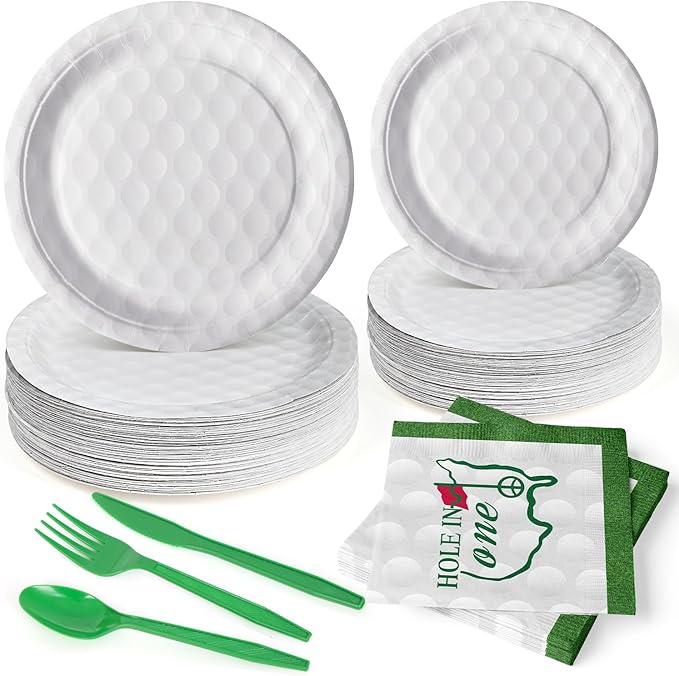 144 Pcs 3D Golf Ball Party Supplies Paper Ball Plates and Napkins Dinnerware Set Tableware Supplies Includes Paper Plates Napkins Forks Serve 24 for Birthday Sports Party decorations