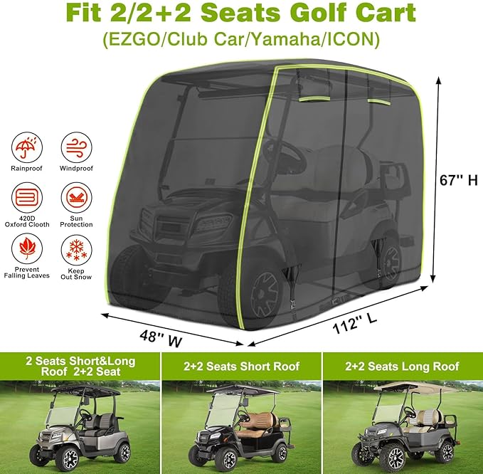 2/4 Passenger Golf Cart Cover Fits EZGO, Club Car, Yamaha Golf Carts with Reflective Strips, All Weather Protection/Waterproof/Snowproof/Windproof/Sunproof/Full Gold Cart Covers