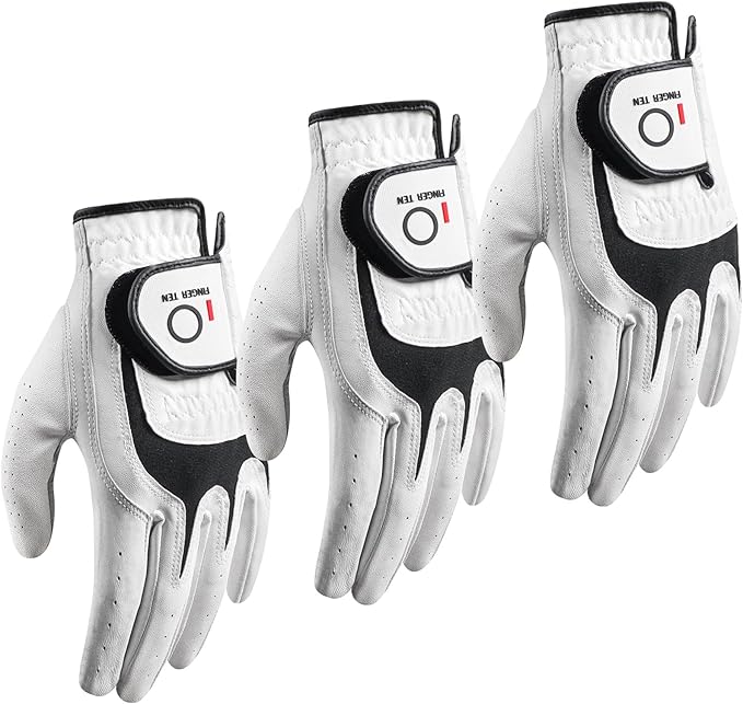 FINGER TEN Premium Cabretta Leather Golf Gloves Men 3 Pack for Right Left Handed Golfer, Comfortable Glove with All Weather Grip for Left Right Hand Size S M ML L XL