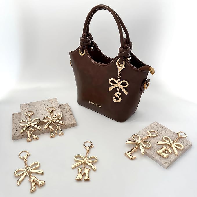 Gold Bubble Heart, Cherry, Bow & More Designs Letter Initial Keychain Bag Charms – Cute Purse Charms for Handbags
