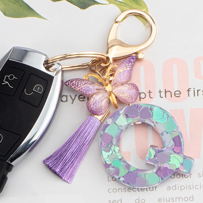 Suweibuke Colourful Cute Initial Letter Keychains for Women Girls with Tassel Butterfly, Charm for Purse Handbags Backpacks