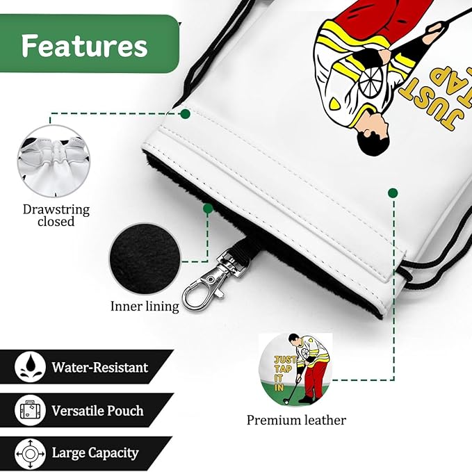Artpreti Funny Golf Valuables Pouch,Golf Pouch Bag with Drawstrings Golf Tee Bag Pouch Leather Golf Tee Ball Bag for Men Women - Just Tap It in