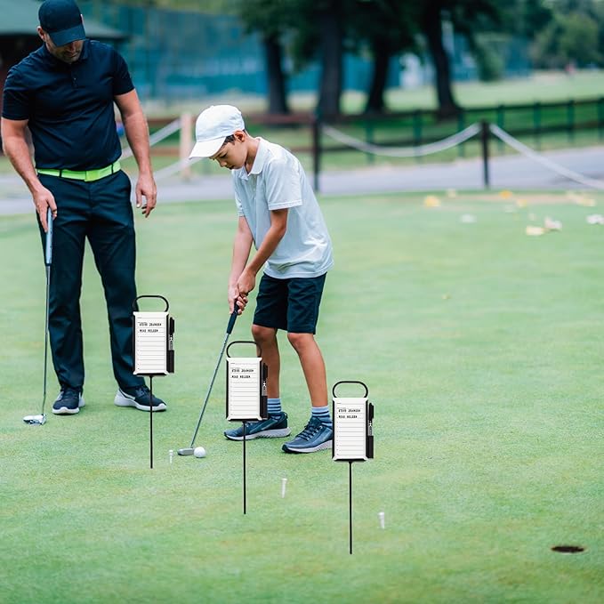 4 Pcs Closest to The Pin Marker - Golf Metal Proximity Marker with 50 Sheets Cards and 4 Pens, Stainless Steel Golf Marker Golf Signs for Long Drive Putting Competition Size S