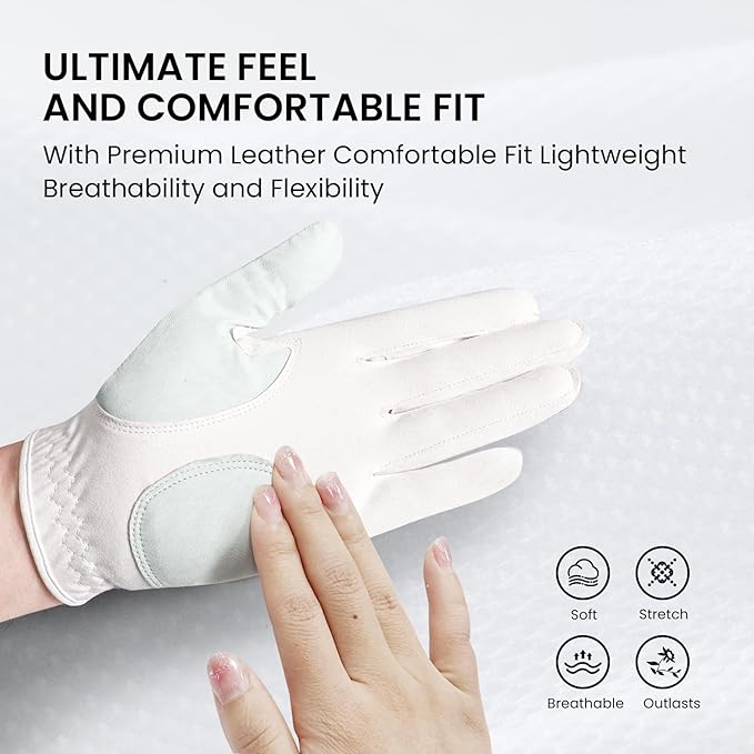 Amy Sport Womens Golf Glove with Ball Marker Rain Left Right Hand Leather Printed Pack, Ladies Golf Gloves All Weather Grip Breathable Soft Size Small Medium Large XL