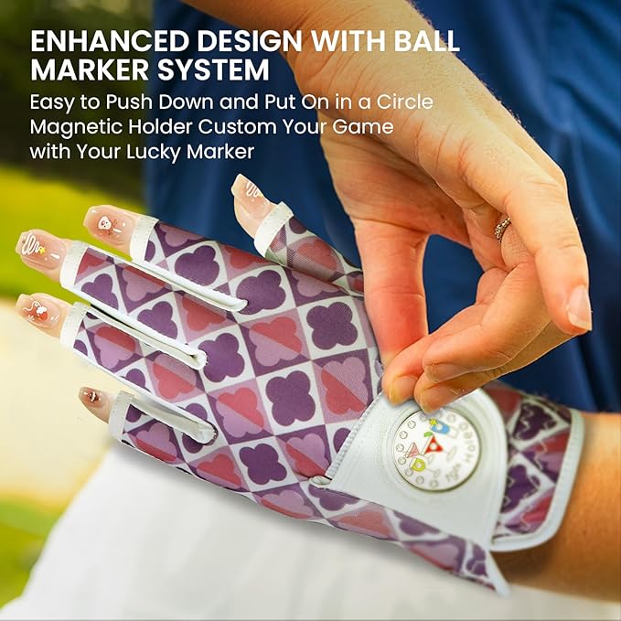 FINGER TEN Stylish Golf Gloves Women with Ball Marker 1 Pack for Left or Right Hand, Breathable Glove with Fashion Patterns for Ladies Right Left Handed Golfer