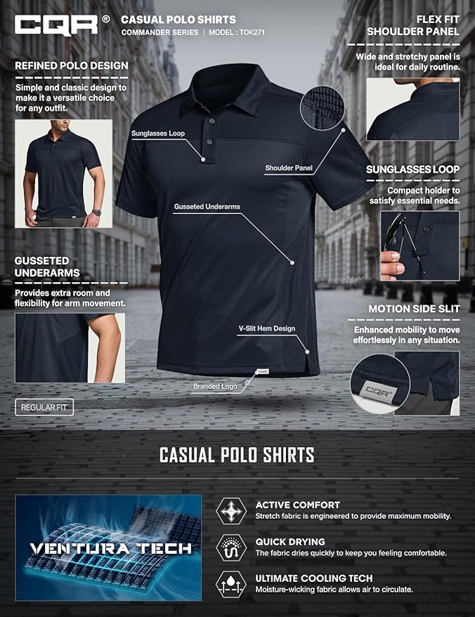 CQR Men's Polo Shirts, Tactical Short Sleeve Golf Performance Shirts, Lightweight Dry Fit UPF 50+ Pique