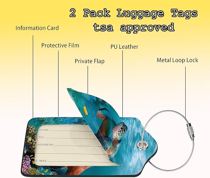 2 Pack Sea Turtle Luggage Tags for Suitcases, Cool Leather Luggage Tag for Travel, Bag Tag Privacy Name ID Card Bag Labels for Friends Adults Kids Tourists