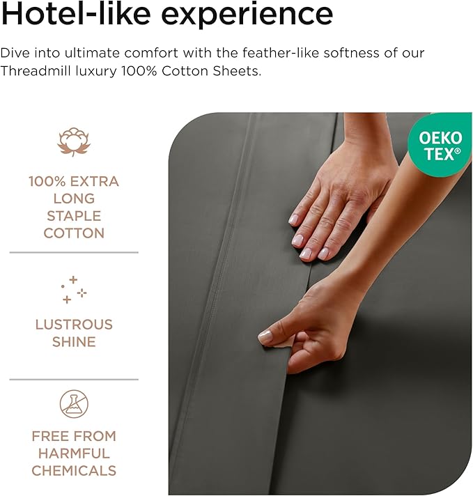 Threadmill Luxury 800 Thread Count Full Size 100% Cotton Sheets - Dark Grey Sateen Weave Bed-Sheets, Better Than Egyptian Cotton, 4 Pc Solid Bedding Set, Fits 16" Deep Pocket