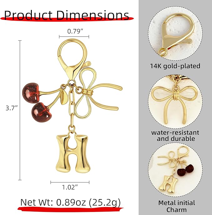 Gold Bubble Heart, Cherry, Bow & More Designs Letter Initial Keychain Bag Charms – Cute Purse Charms for Handbags