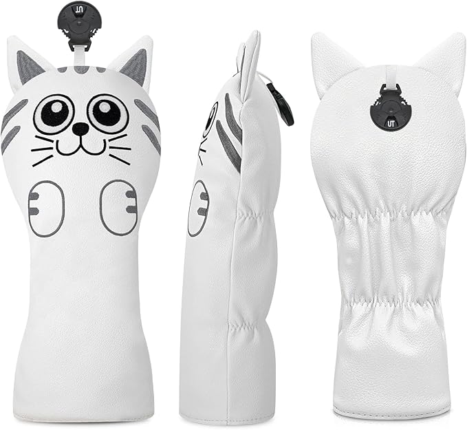 Golf Kitty Head Cover Golf Club White Leather Headcovers 1pc/4pcs Set Fits Driver Fairway Wood Hybrid Utility Putter Iron Wedge Headcover.