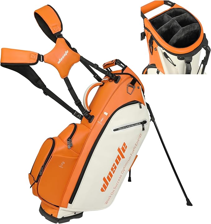 Lightweight 14-Way Golf Stand Bag, PU Leather Golf Bag Waterproof Men Women Full Length Top Dividers, Multiple 8 Pockets Cooler Pouch Adjustable Detachable Shoulder Dual Straps Rain Cover Hood
