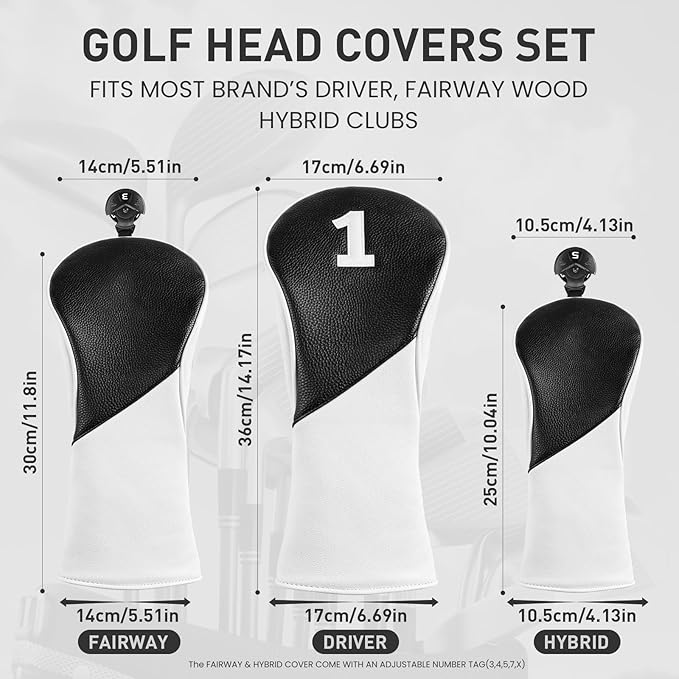 FINGER TEN Golf Club Head Covers for Woods Driver Fairway Hybrid with Interchangeable Number Tag 1 3 5 Premium Leather Headcovers for Women Men