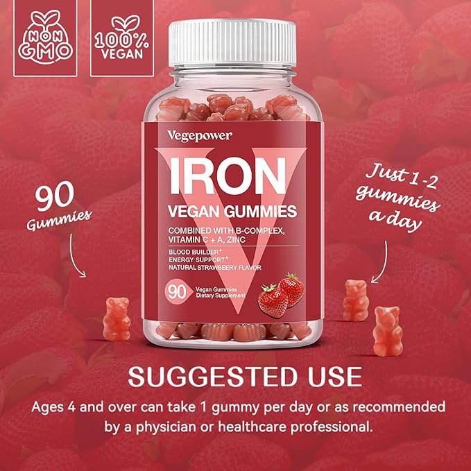 Iron Gummies Supplements for Kids & Women - Multivitamin with Iron for Blood Healthy, Great Tasting Vitamins Gummy with Vitamin C for Max Absorption - Strawberry (3 Packs)