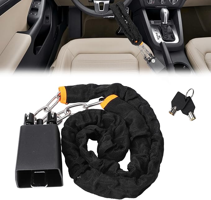 Universal Cars Steering Wheel Lock, Seat Belt Lock, Club Steering Wheel Lock, Lightweight & Portable, Car Security Anti-Theft Device Fits Most Vehicles, SUVs, Golf Carts, Includes 2 Keys (Black)