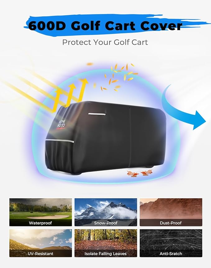 KEMIMOTO 600D Waterproof Golf Cart Cover, Universal Heavy Duty Large 8-Seater Golf Cart Rain Cover with Storage Bag Compatible with EZGO Club Car 6+2/8 Passenger, Black