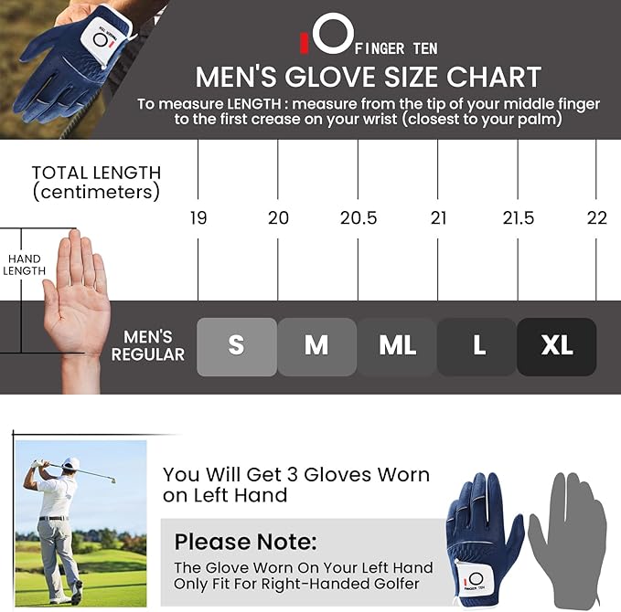 FINGER TEN All Weather Grip Golf Gloves Men Value 3 Pack for Right Handed Golfer, Hot Wet Rain Grip & Comfort Soft Glove for Premium Performance, Colors White Black Blue Sizes S M L XL