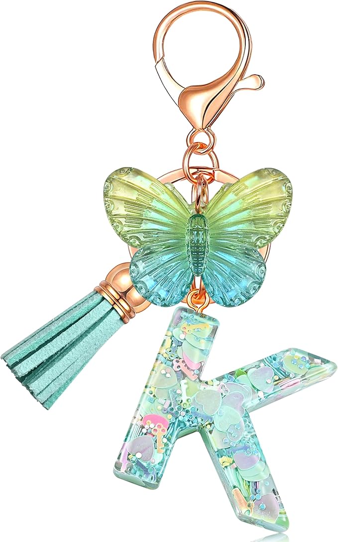 JINGUAZI Initial letter Keychains for Women Tassel Butterfly Pink Purple Cute Car Keychain for Wallet Backpack bag charm