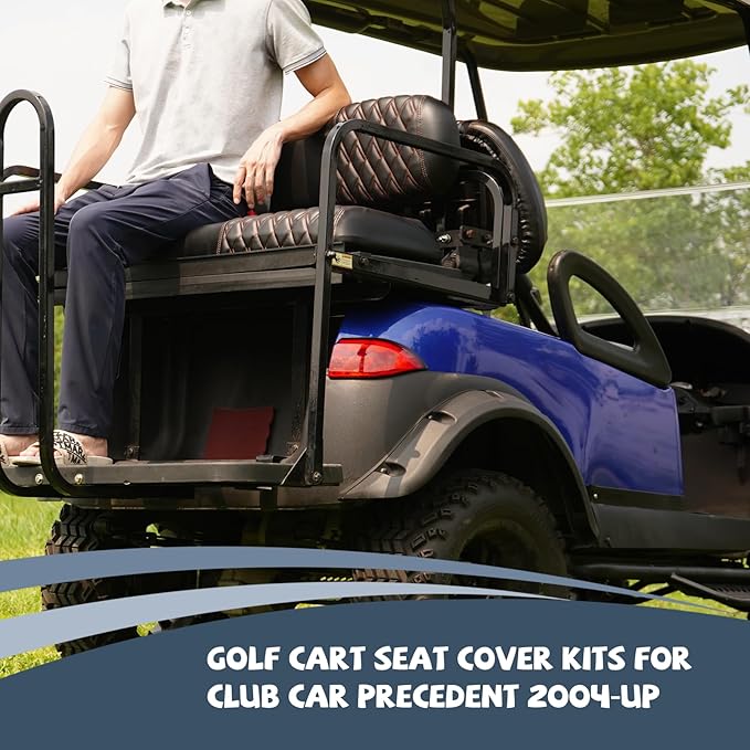 4PCS Golf Cart Diamond Seat Covers Kit, Fits Club Car Precedent 2004+ Golf Cart Vinyl Replacement Seat Cover （Black Stitching, No Stapler, Easy to Clean）