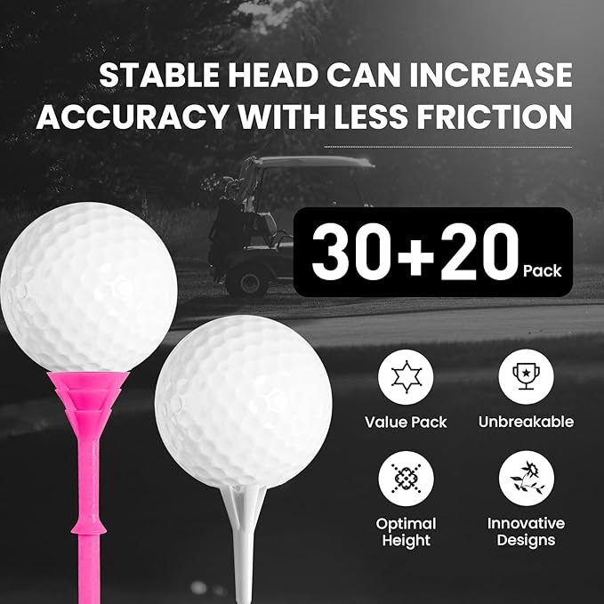 FINGER TEN Golf Tees Plastic Unbreakable 30 Tees 3 1/4 Inch and 20 More Short Tees 1 1/2 Inch with Black Golf Tee Bag, Easy to Find Value Gift Set
